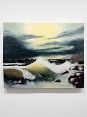 VTG Signed PAC Seascape Oil Canvas Painting Coastal Waves Fredrix Mounted 16x20"
